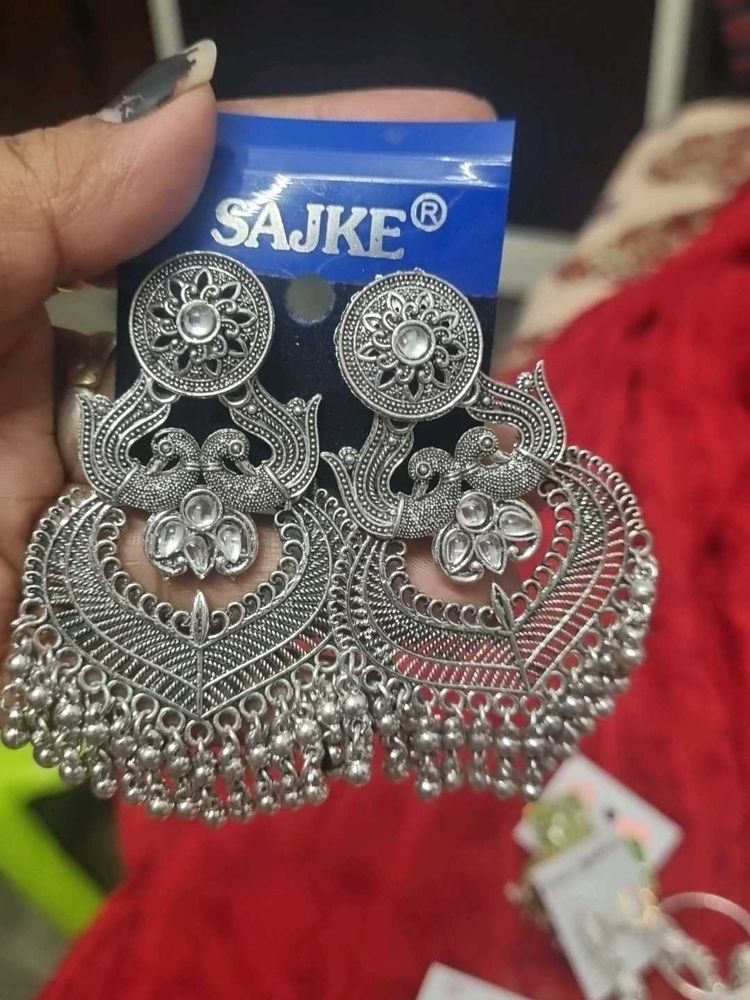 Oxidized Silver Peacock Jhumka Earrings