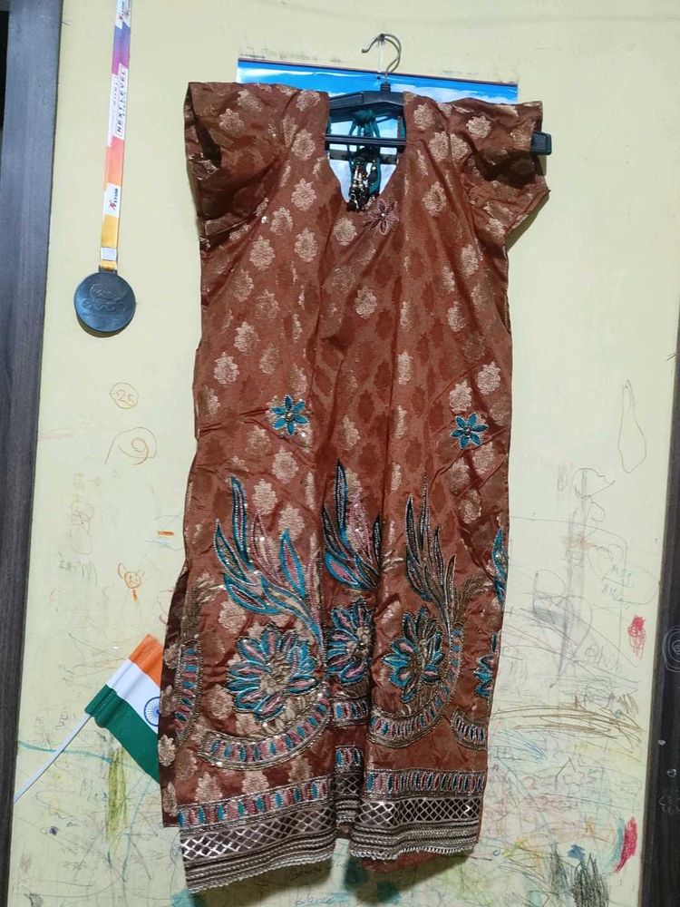 Brown &amp; Teal Embroidered Suit Set