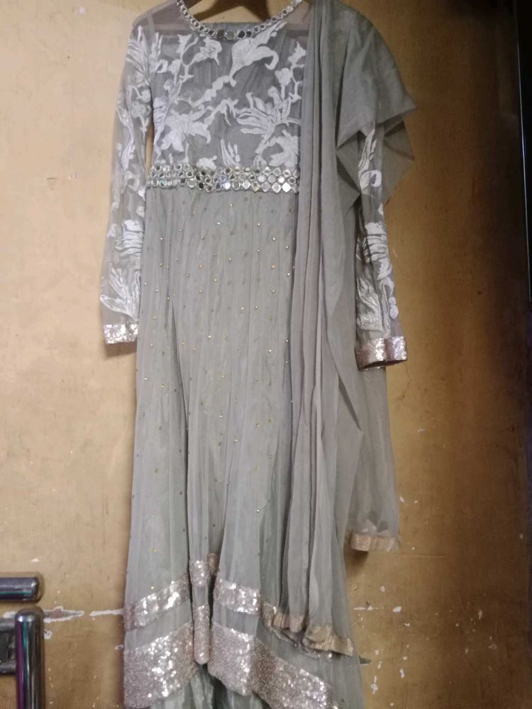 Elegant Grey Embroidered Gown for Festive Occasion