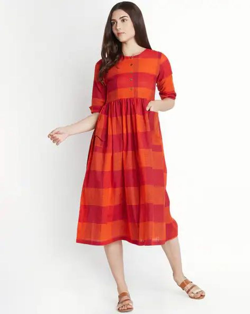 Red &amp; Orange Checkered Midi Dress
