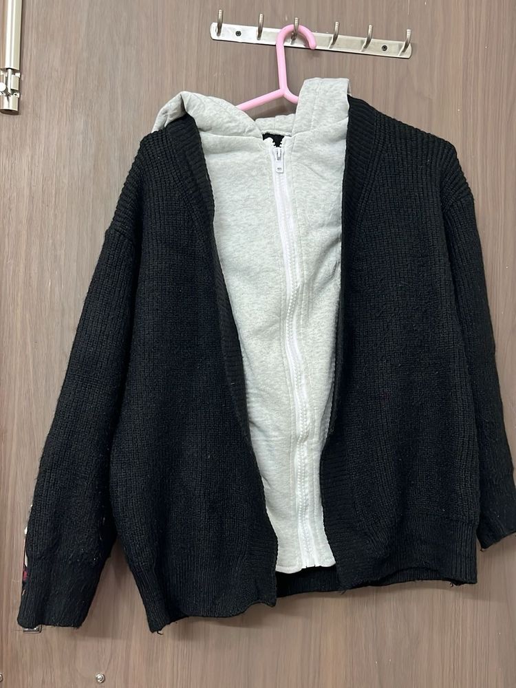 New Cozy Black Knit Cardigan with hoodie for L &amp;xl
