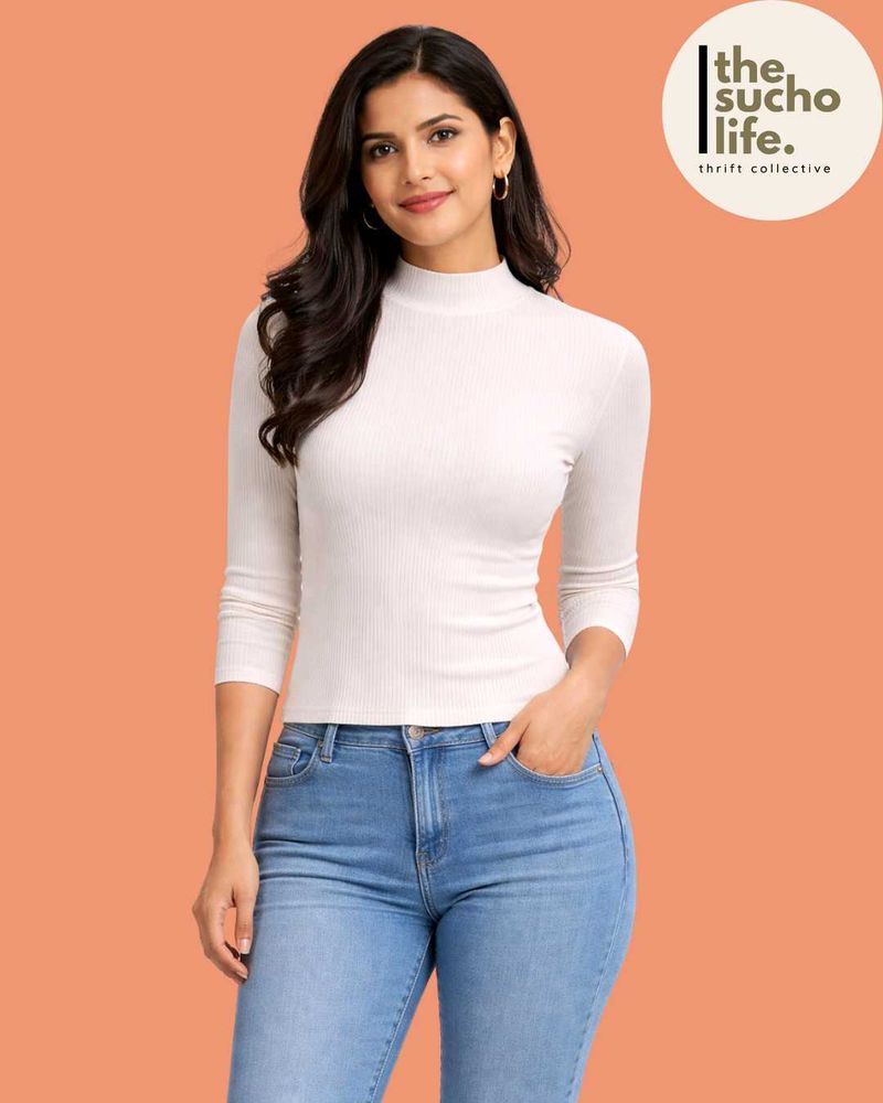 White Ribbed Mock Neck Top | Polo | Women