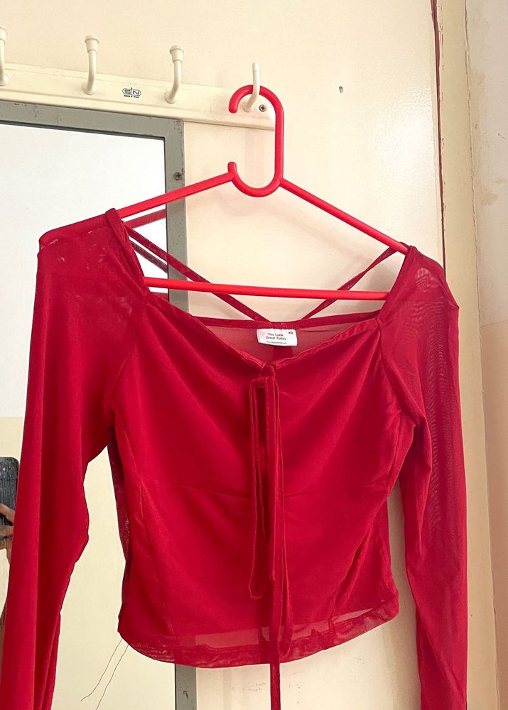 Square Neck Mesh Red Sleeve Crop Top