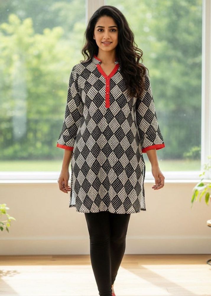 Printed Black &amp; White short Kurta