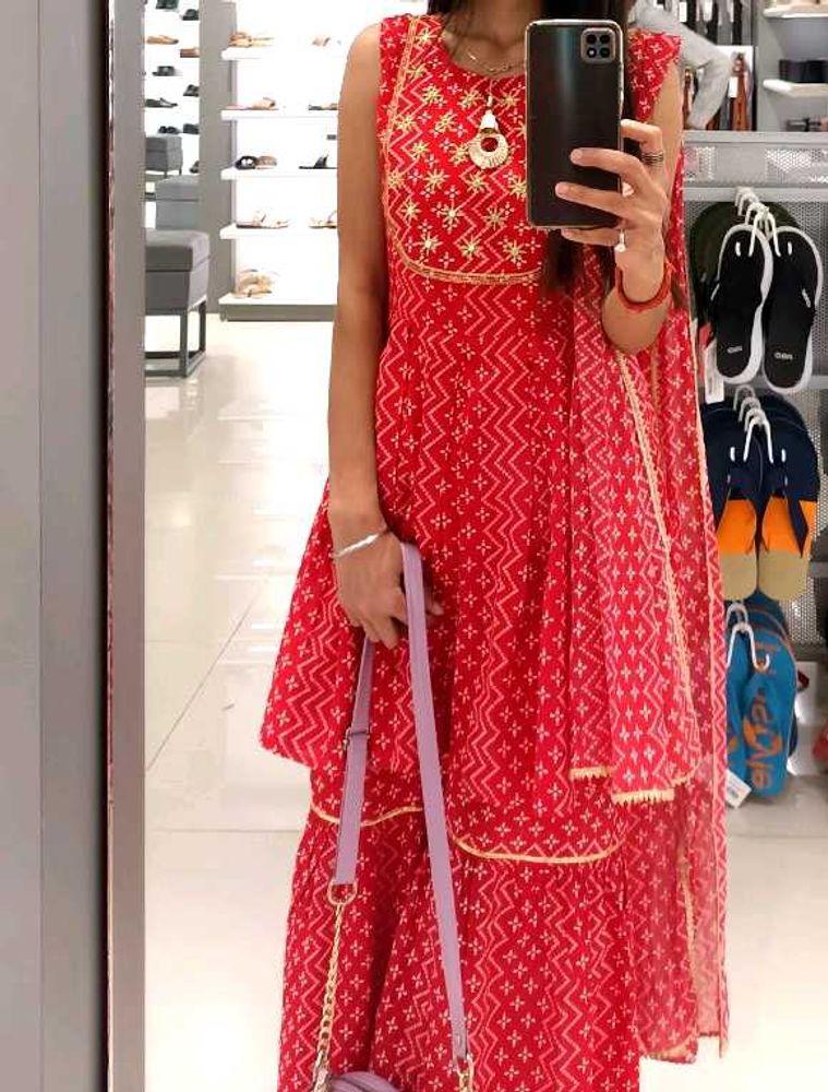 Red Embroidered Sharara Suit