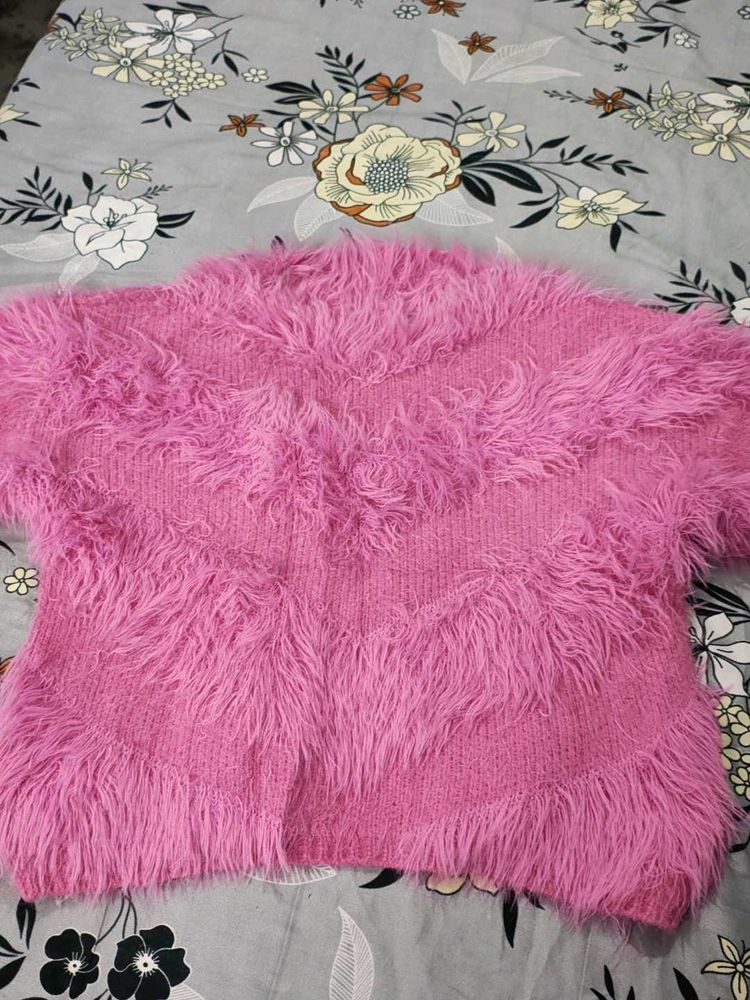 Pink Faux Fur Cropped Sweater