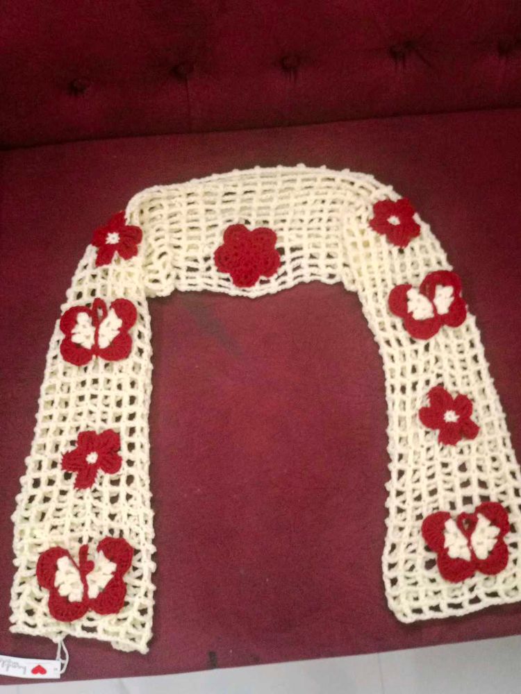 Handmade Crochet Shrug with Red Flowers &amp; Butterfl