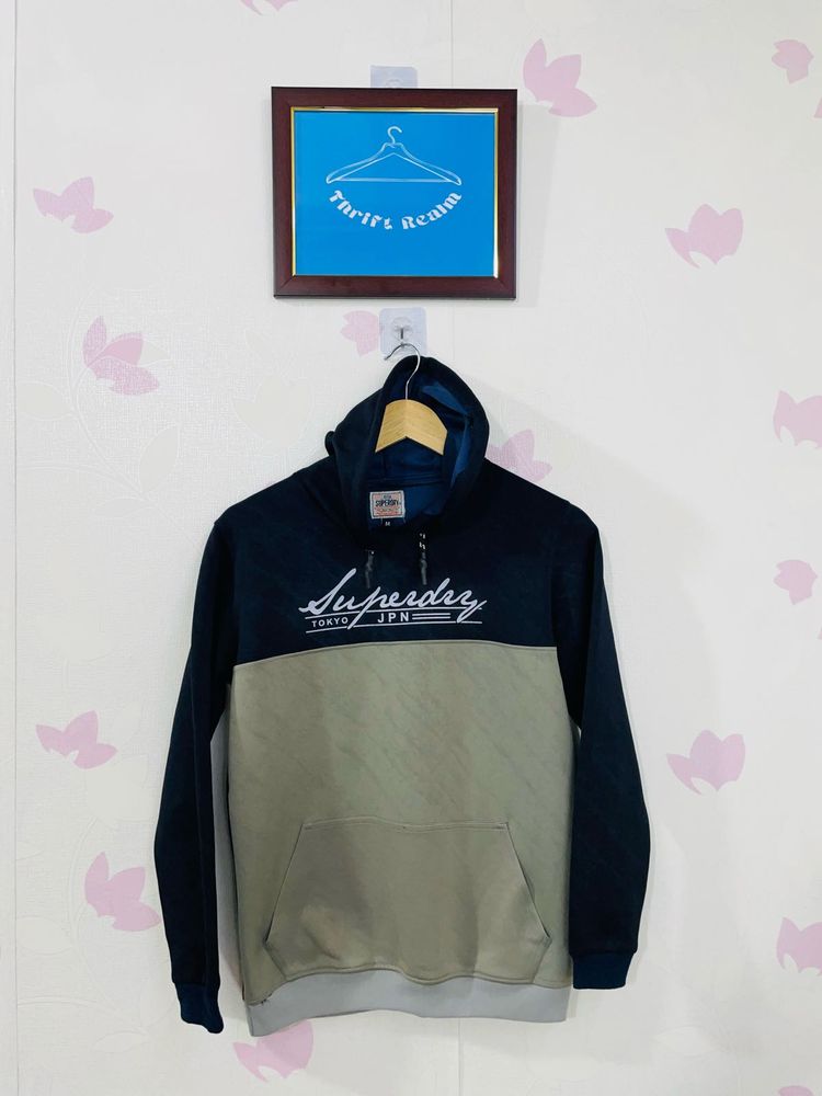Super Dry Men Black And Grey Hoodie Sweatshirt