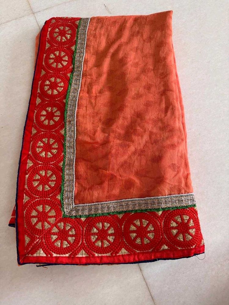 Peachish-Coral Saree With Detailed Border