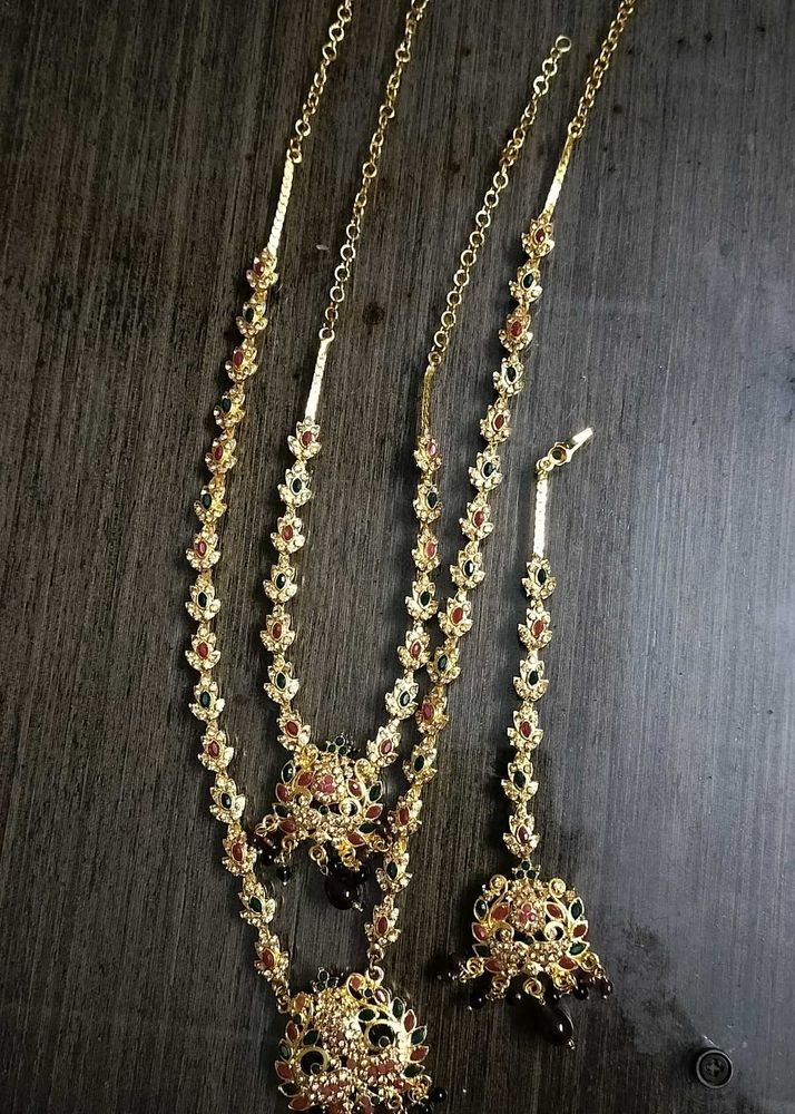 Gold Plated Long Haram Neck Set With Maang Tika