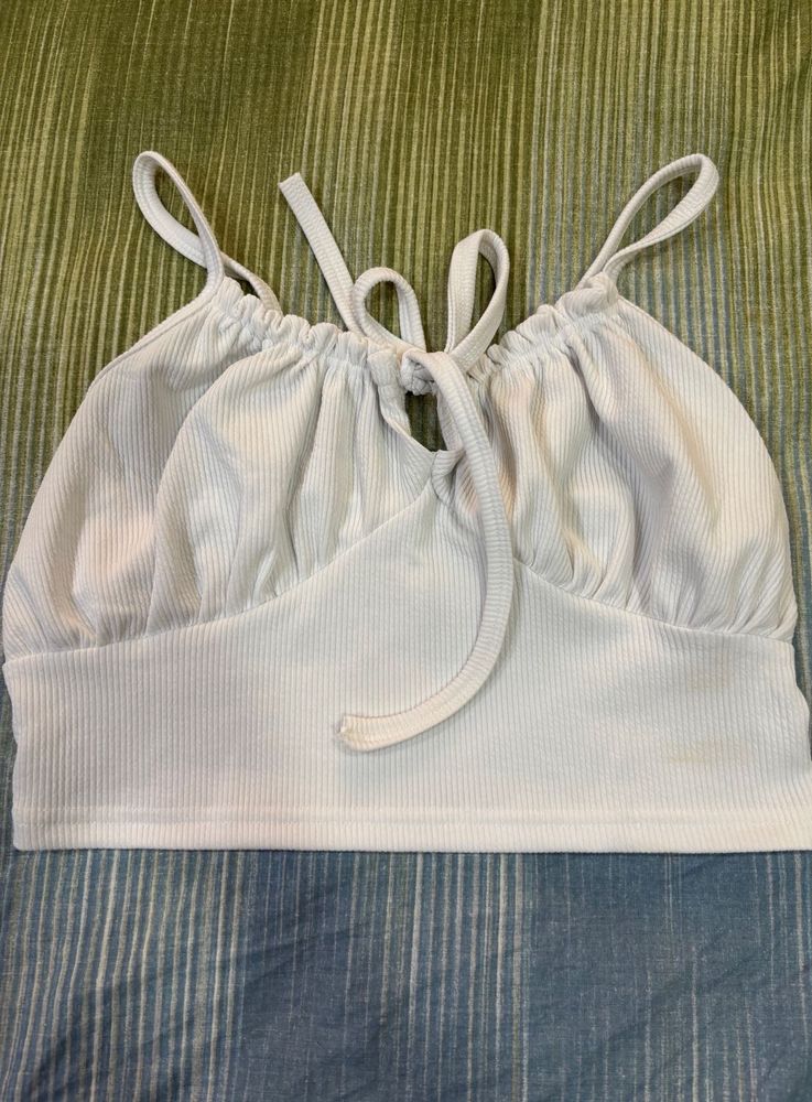 White Ribbed Tie-Front Tank Top