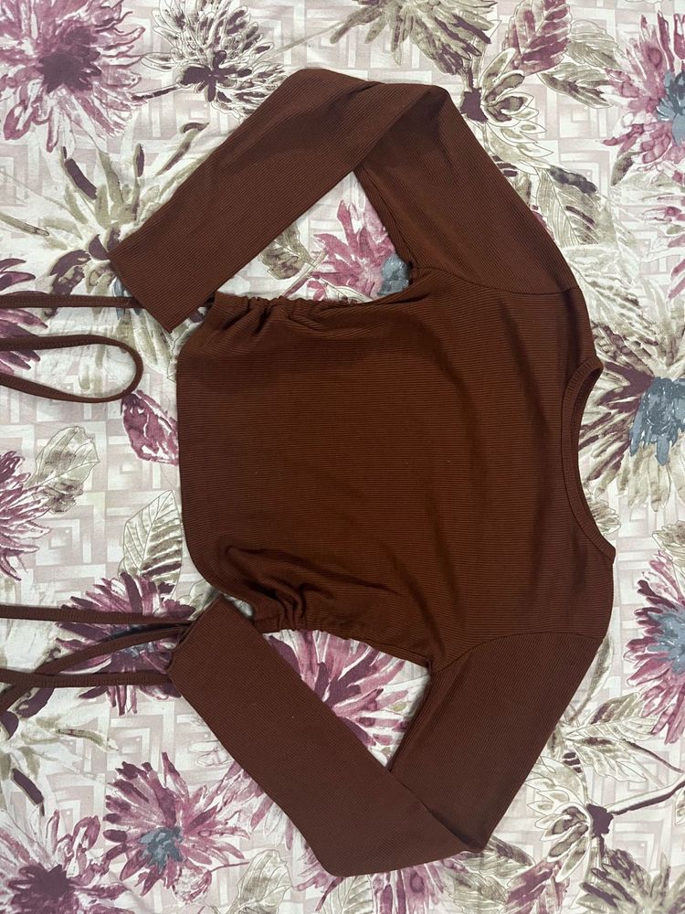 Brown Long Sleeve Crop Top
