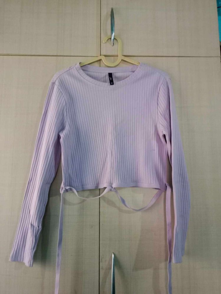 Lilac Ribbed Tie-Waist Crop Top