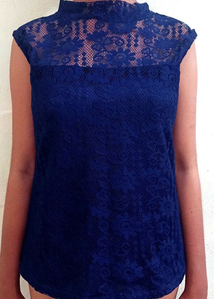 Blue Lace Mock Neck Top