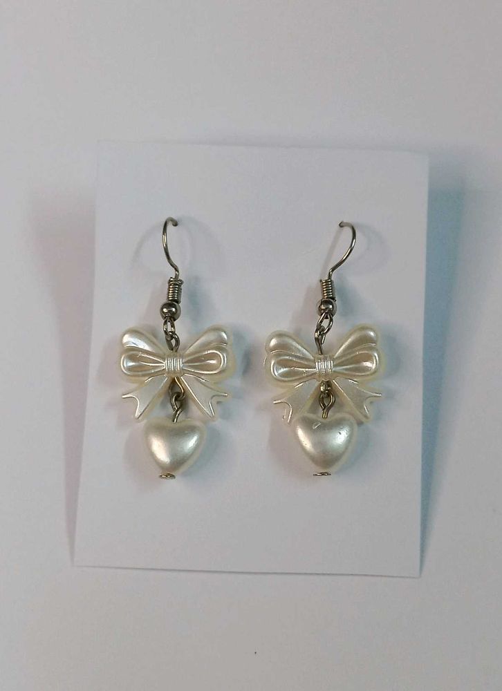 Trendy Handmade Pearl Bow Earrings with Heart