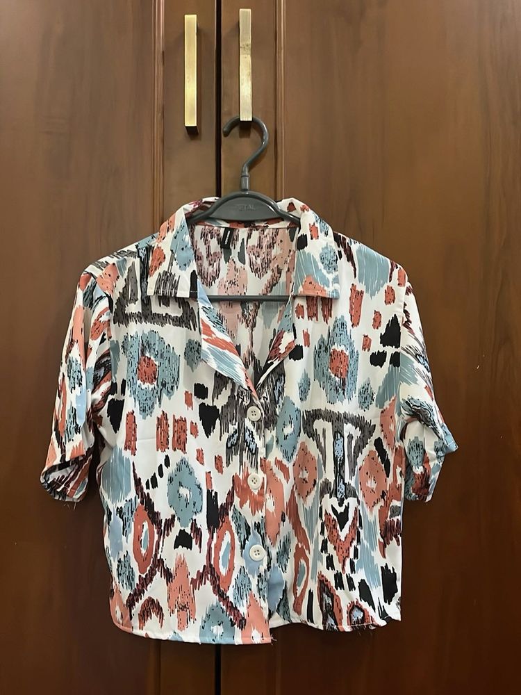 Patterned Button-Down Crop Top