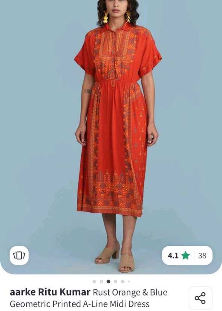 Rust Orange &amp; Blue Geometric Printed A Line Dress