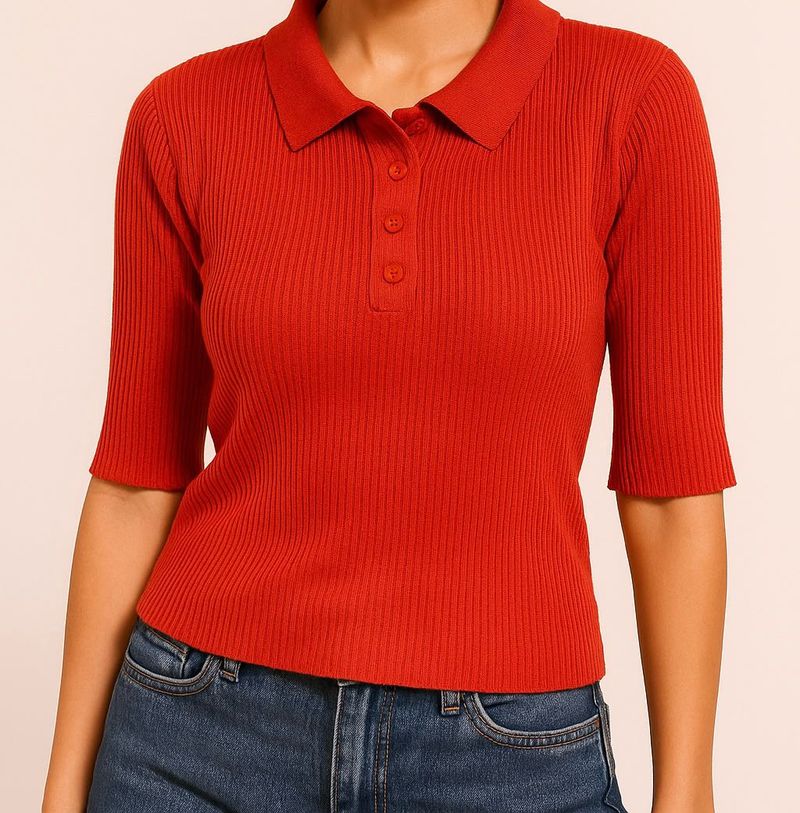 Red Ribbed Knit Polo Top