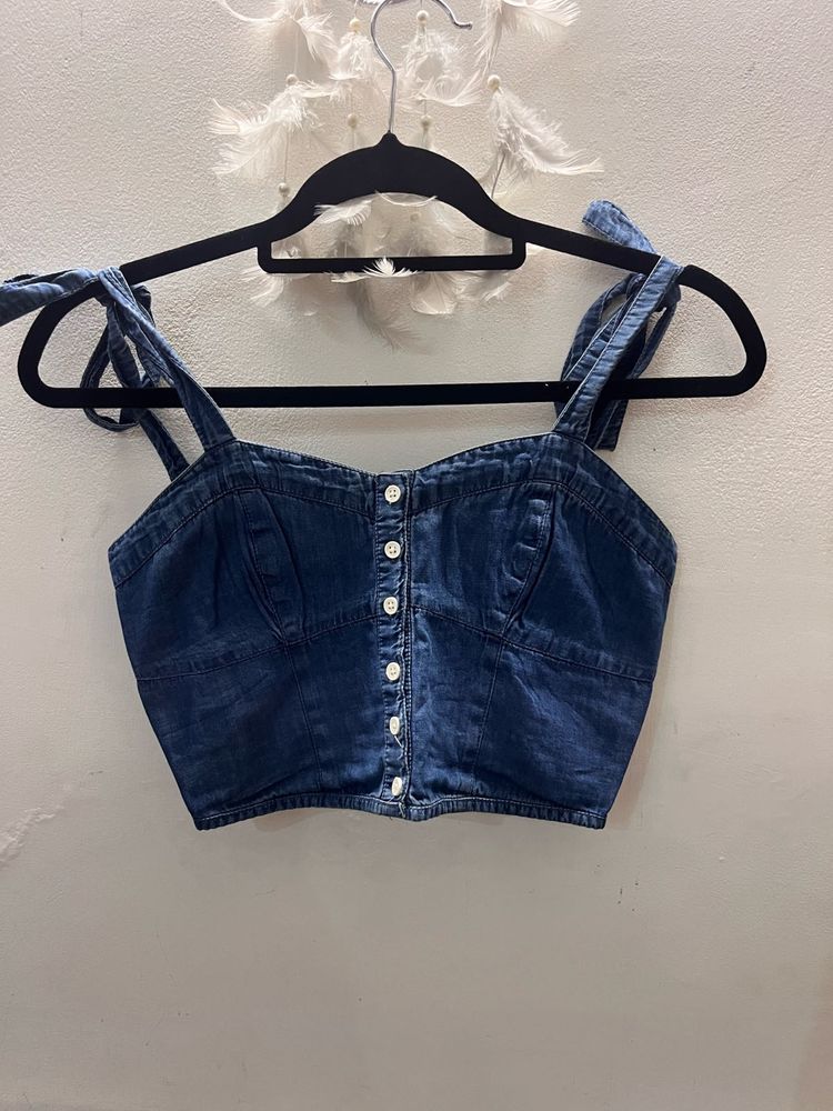 Denim Tie Strap Crop Top