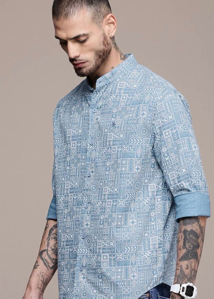 Abstract Print Blue Casual Shirt, Size:M