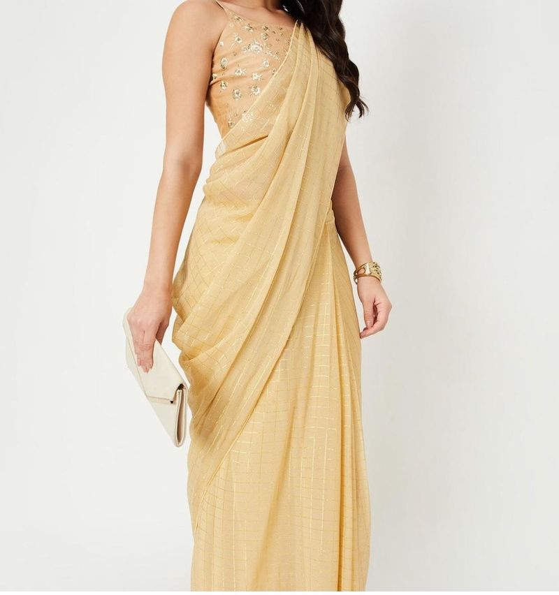 MAX CHECKED PRE STITCHED SAREE AND BLOUSE SET