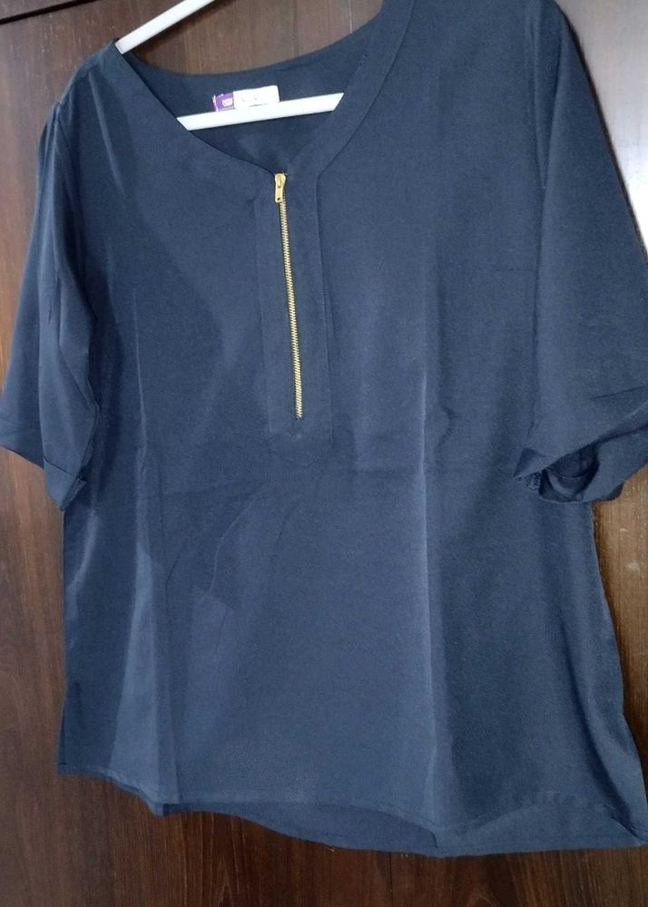 Navy Zip-Front Blouse