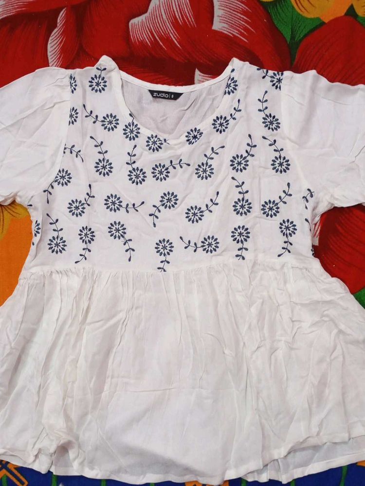 White Embroidered Zudio Top