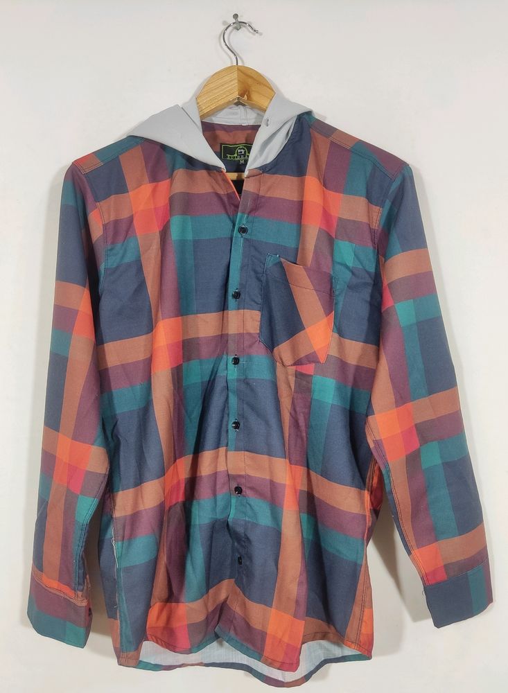 Multicolored Checked Printed Cap Attached Sweatshirt (Men)