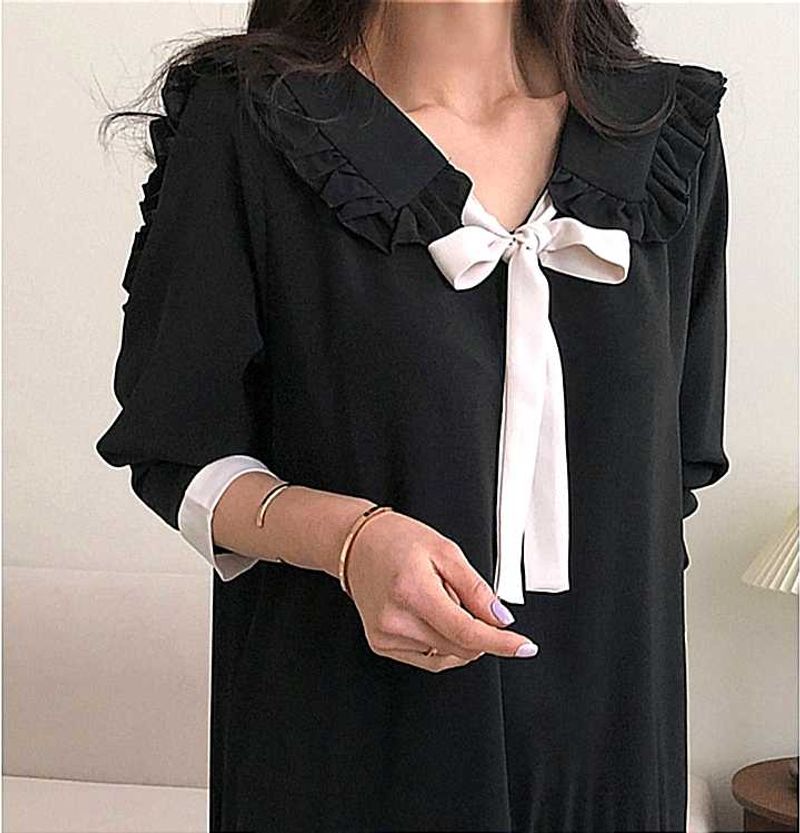 Korean Chic Black Dress with White Bow