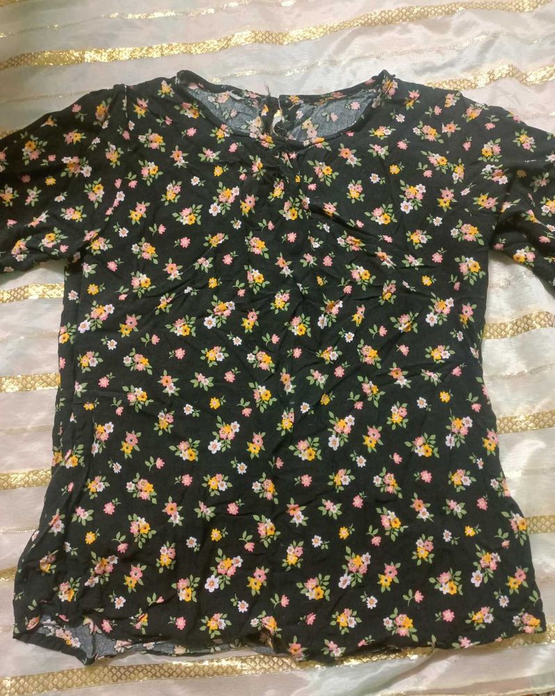 Floral Print Black Top