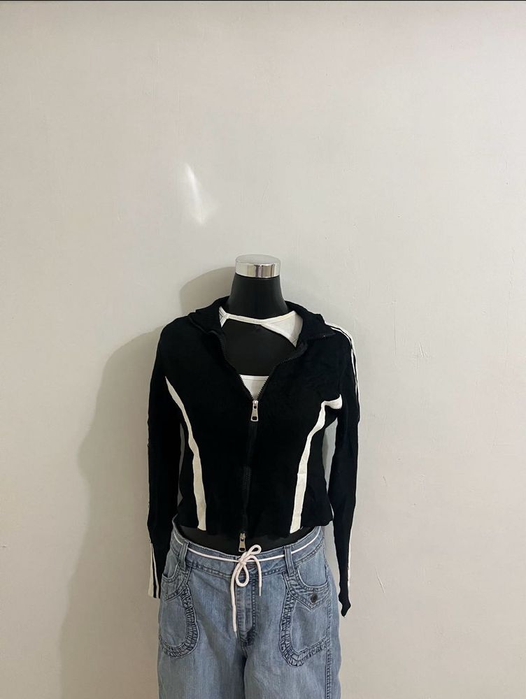 Black &amp; White Cropped Hoodie