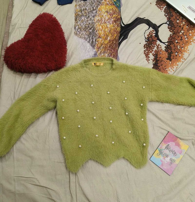 Green Fuzzy Pearl Detail Sweater