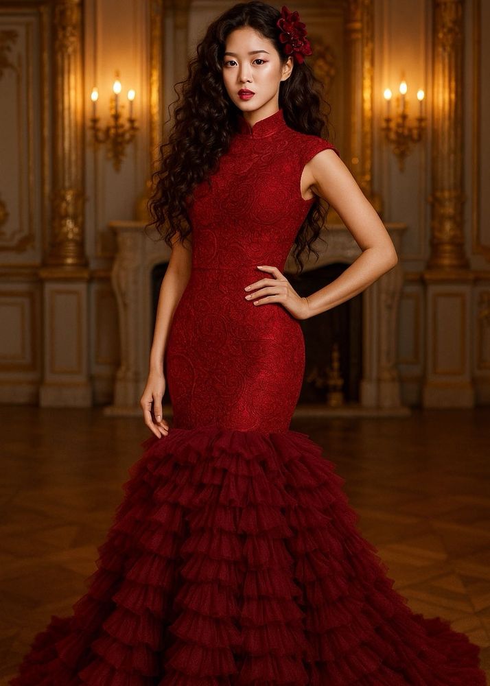 Elegant Red mermaid Ruffled Gown