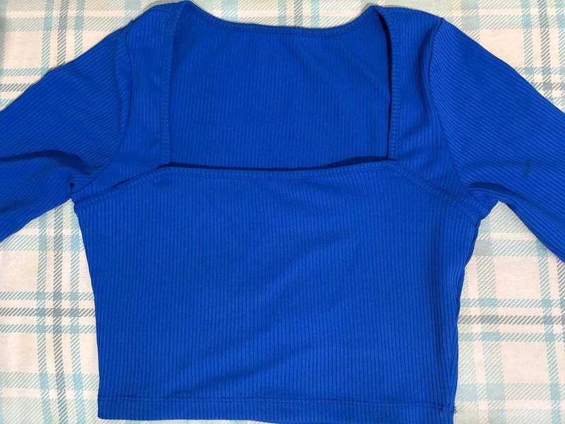 Blue Ribbed Long Sleeve Top