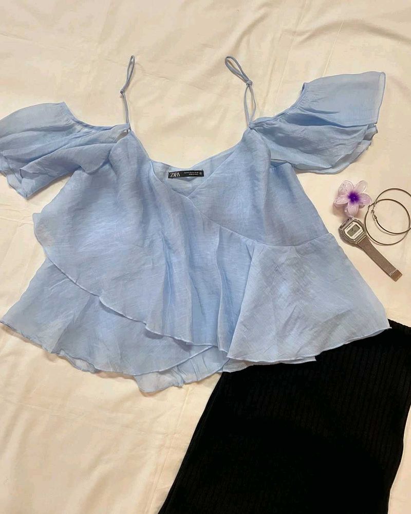 Zara Blue Ruffle Top