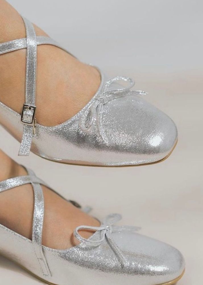Silver Ballet Flats with Bow