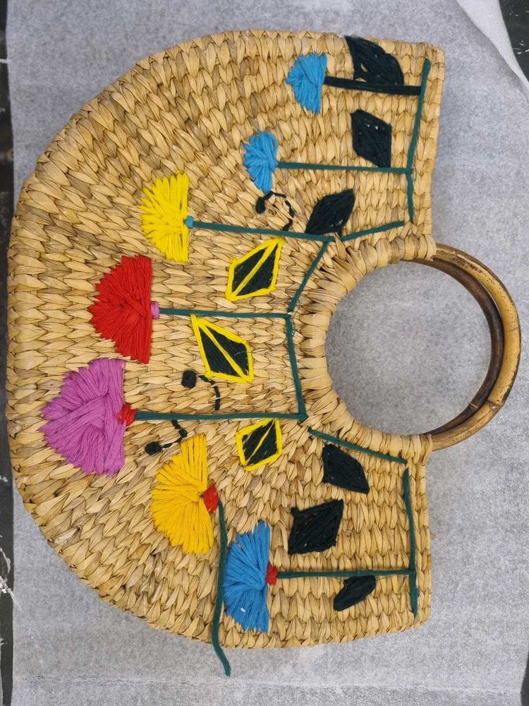 Woven Straw Cane Floral Handbag