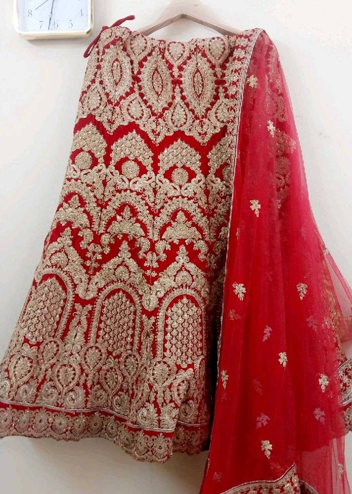velvet Red &amp; Gold Bridal Lehenga