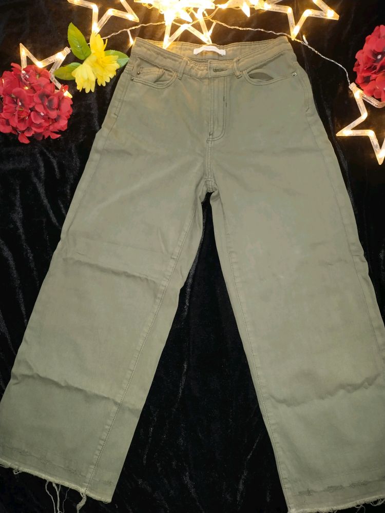 Women Olive Green Zara  High Waist Flared Jeans
