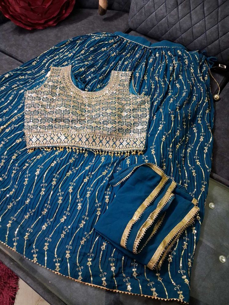 Teal Sequined Lehenga Choli L Size