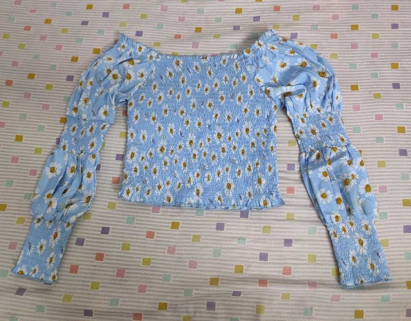 Blue And Yellow Floral Print Crepe Crop Top
