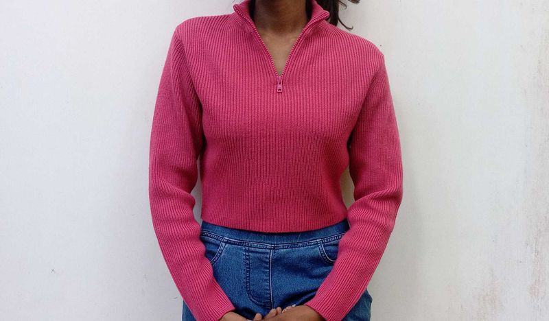 Pink Cropped Zip-Up Sweater