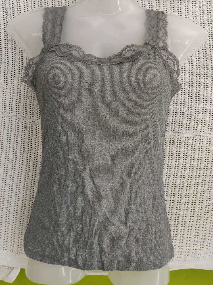 Grey Lace Trim Tank Top