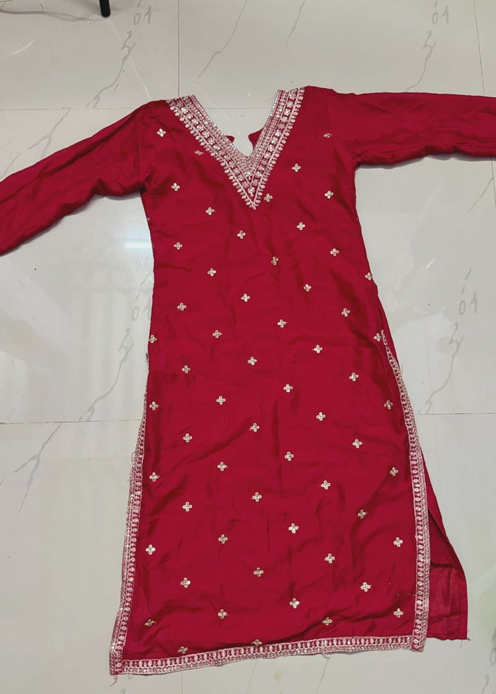Red Embroidered Kurti Set