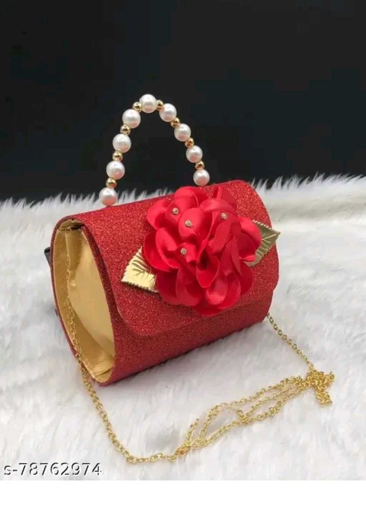 Red Glitter Floral Clutch with Pearl Handle