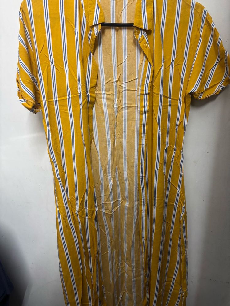 Yellow and White Striped Long Shirt Dress