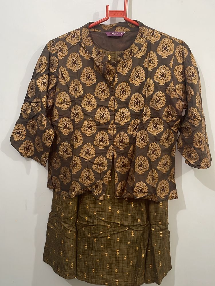 Golden Printed Dhoti Pant &amp; Jacket Set