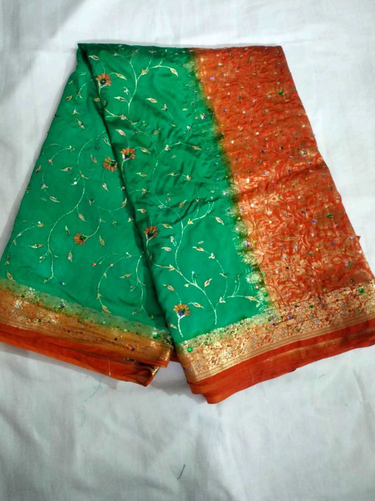 Silk Blend Saree - Teal &amp; Orange