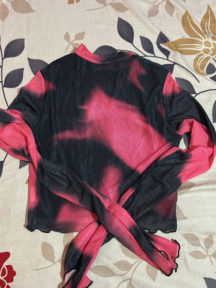 Pink Black Tie Dye Mesh Top