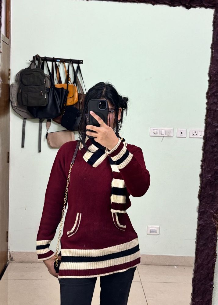 Korean Maroon Knitted Pullover Sweater